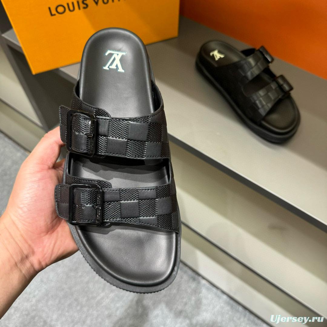 2024 Men Louis Vuitton Black Leather Slippers