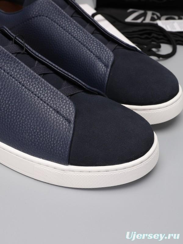 2024 Men Ermenegildo Zegna Navy Blue Leather Suede Low Top Sneakers MJ00240