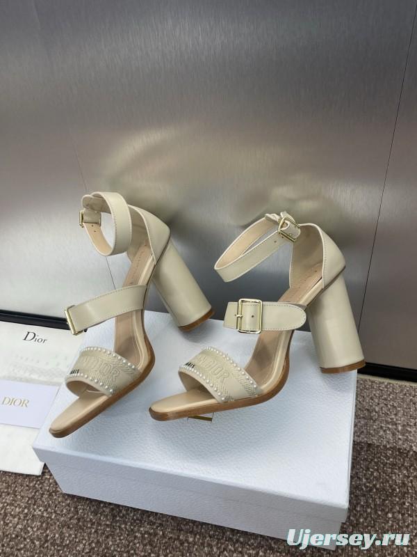 2025 Women Dior Beige Calf Leather Sheepskin Pearl Embroidered High Heel Sandals KFY00320