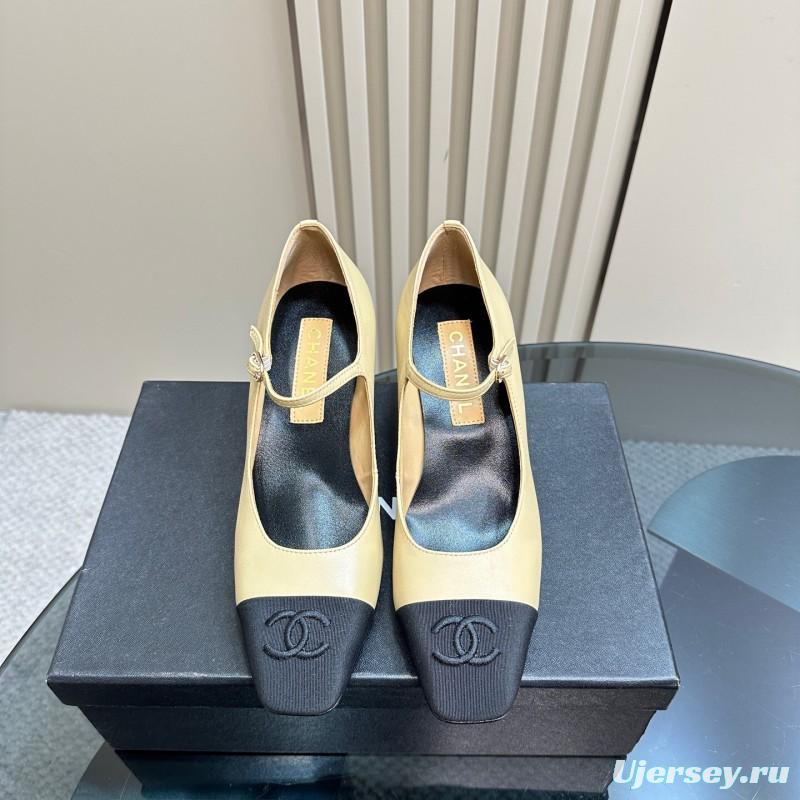 2025 Women Chanel Beige Black Leather Mary Jane Shoes KFY00290