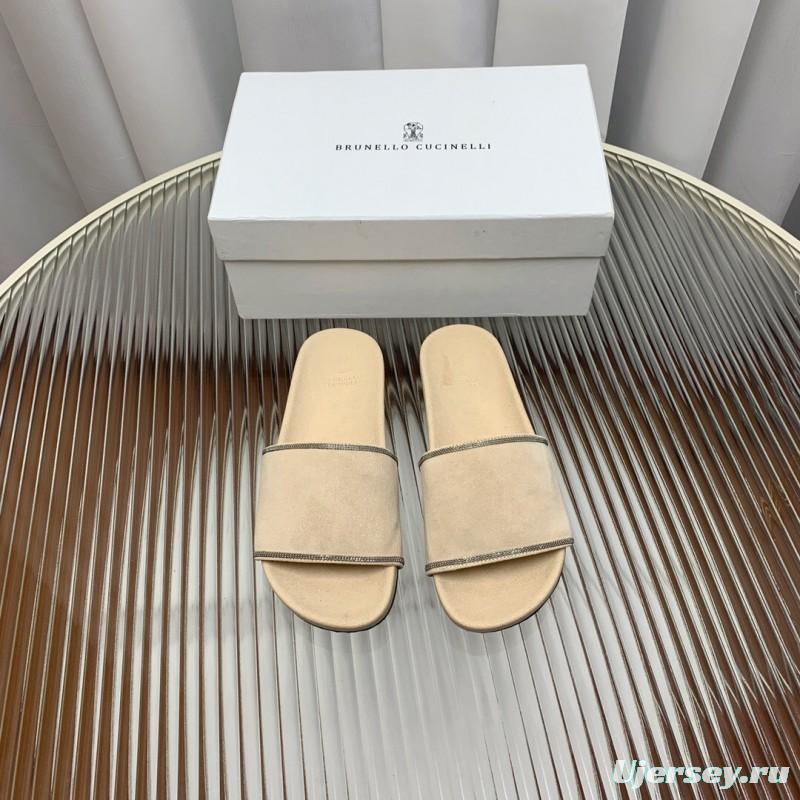 2025 Women Brunello Cucinelli Beige Suede Flat Slide Sandals Handmade Detailing KFY00240 (F)