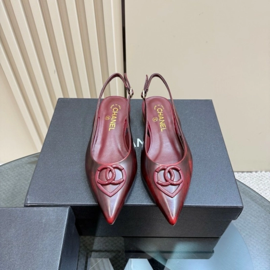 2025 Women Chanel Bordeaux Leather Slingback Sandals KFY00290