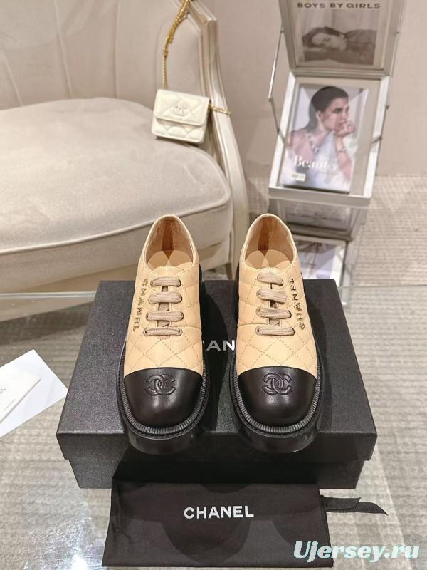 2025 Women Chanel Beige Black Leather Platform Oxford B2099