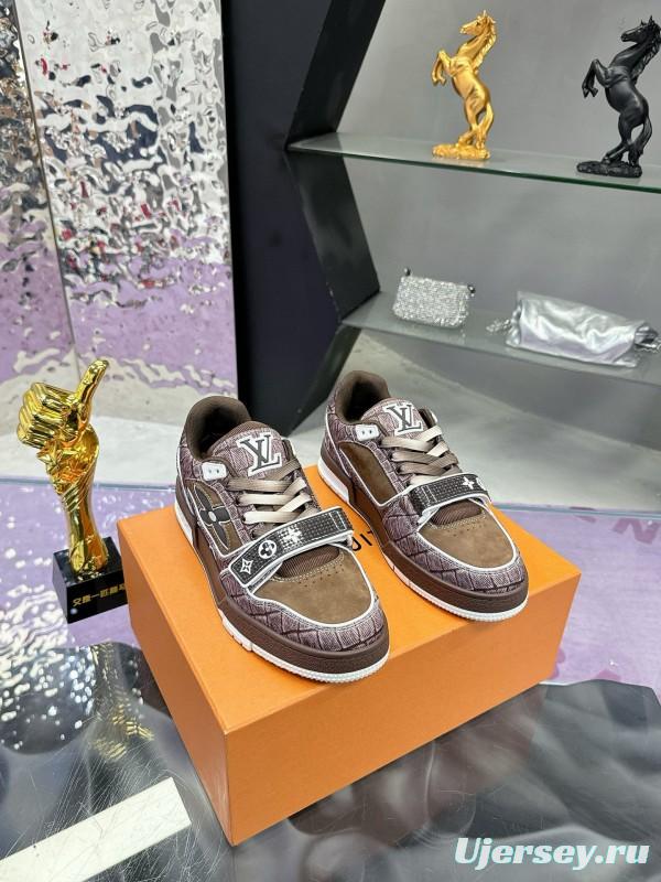 2024 Unisex Louis Vuitton Brown Silk Leather Denim Plimsolls Magic Tape MJ00410