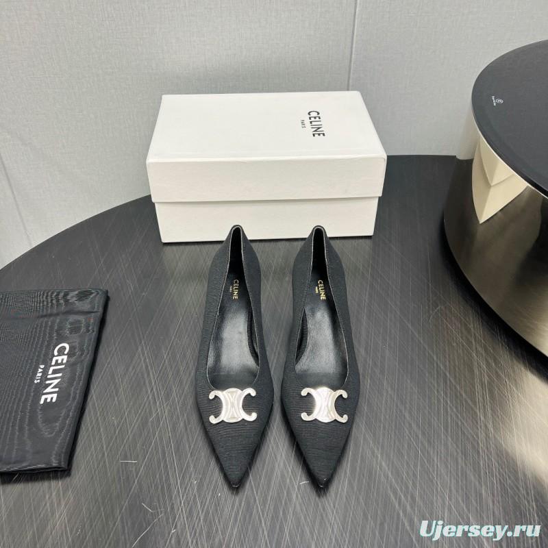 2025 Women Celine Black Fabric Pointed Toe Metal Buckle Pumps