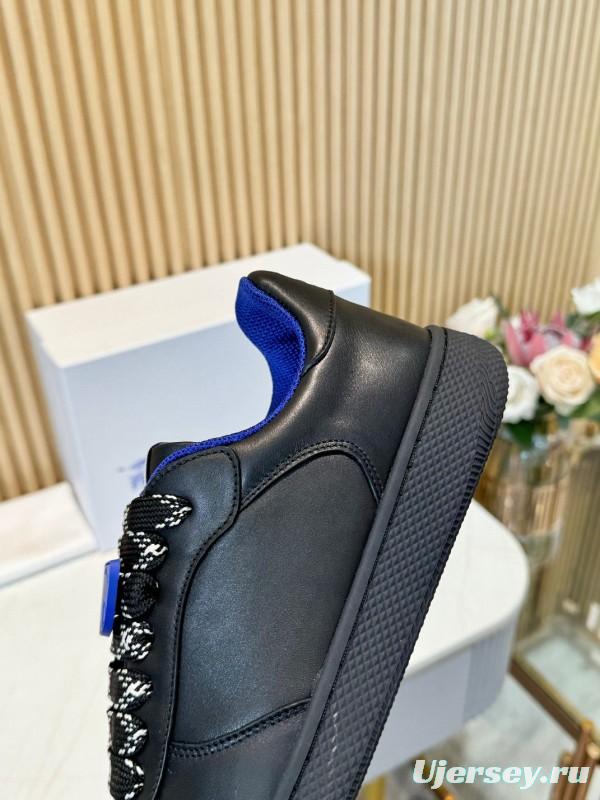 2024 Men BURBERRY Black Blue Calf Leather Sneakers MJ00330