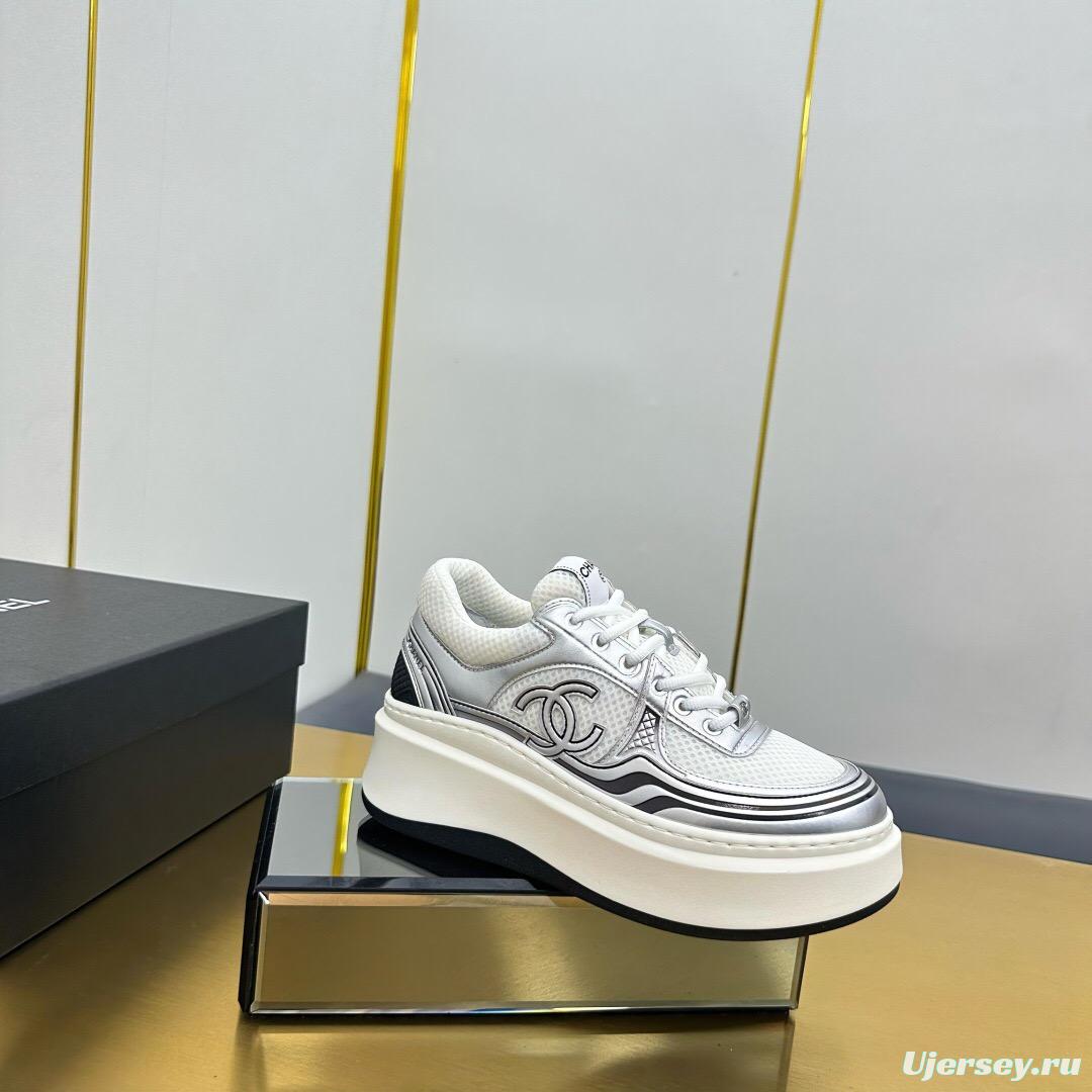 2025 Women Chanel White Silver Leather Mesh Sneakers