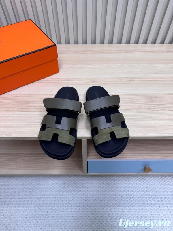 2025 Women Hermès Khaki Black Leather Slippers