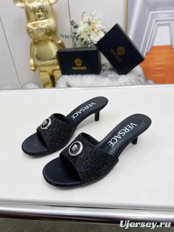 2025 Women VERSACE Black Silk Rhinestone Square Toe Sandals MJ00230