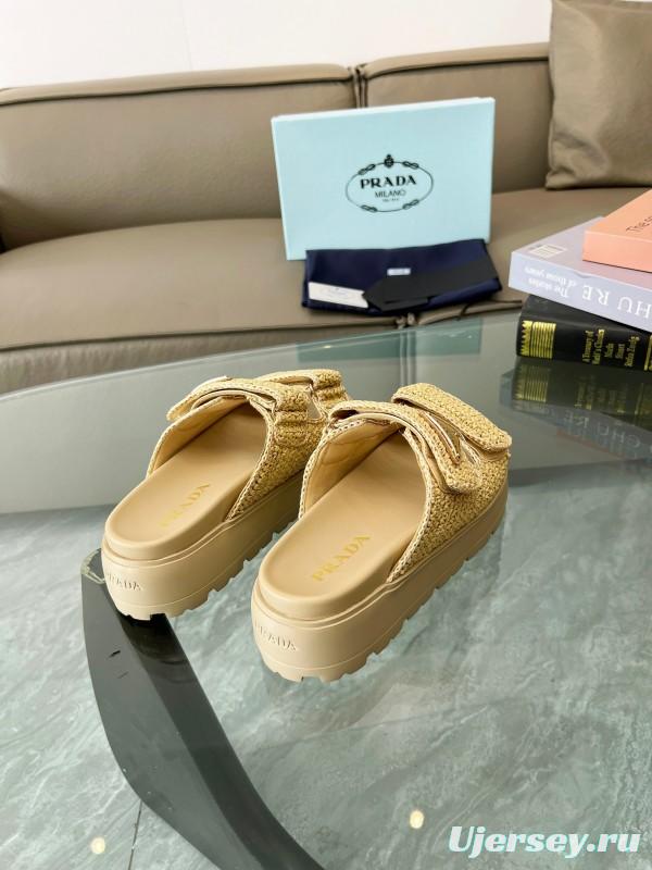 2025 Prada Beige Raffia Slippers LY00290