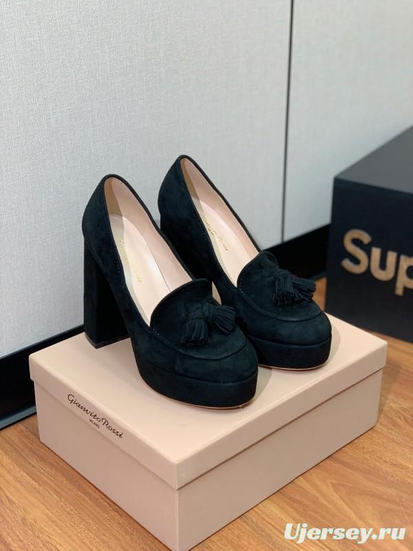 2025 Women Gianvito Rossi Black Suede Platform Tassel Loafer KFY00330