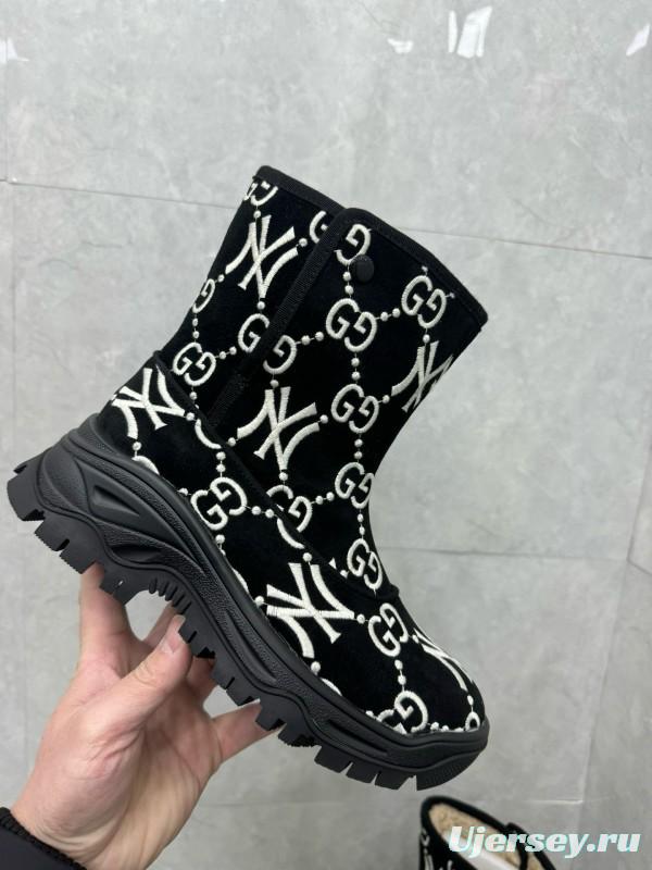 2024 Women Gucci Black White Suede Snow Boots GG NY Embroidery MJ00370