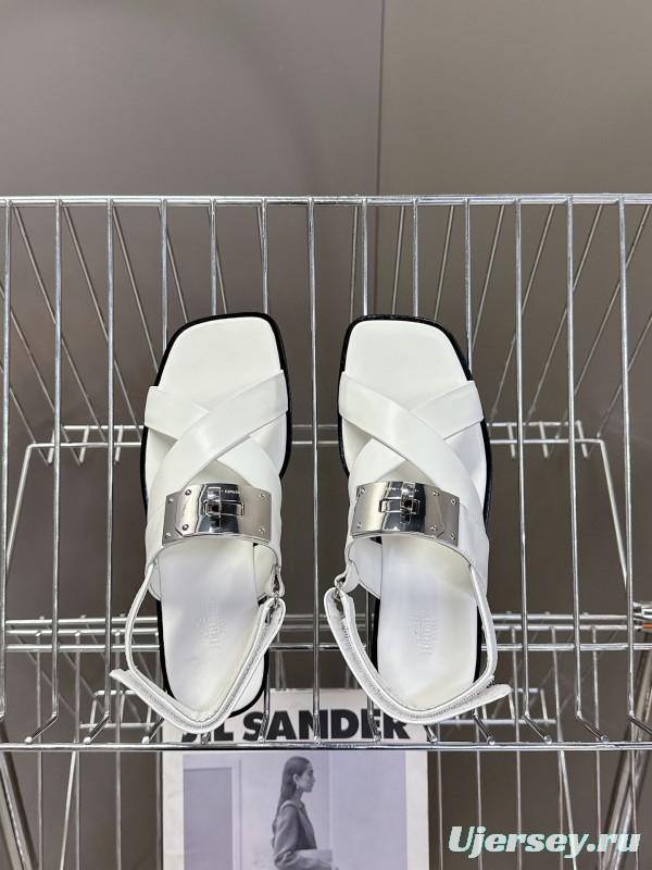 2025 Women Hermès White Calf Leather Sandals Metal Buckle KFY00300