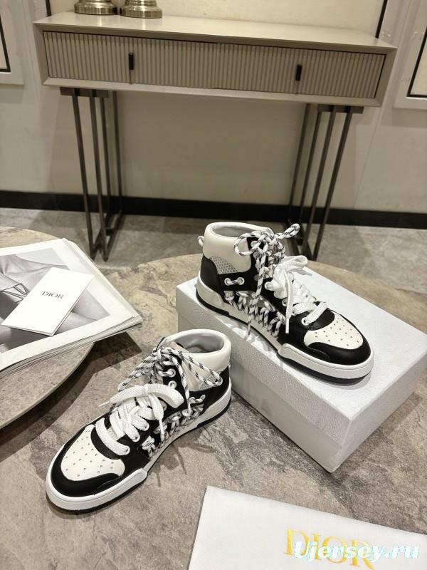 2025 Women Dior Black White Leather Sneakers KFY00340
