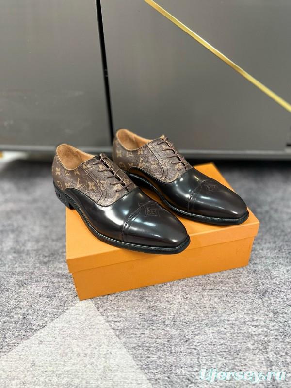 2024 Men Louis Vuitton Brown Black Leather Canvas Oxford MJ00380
