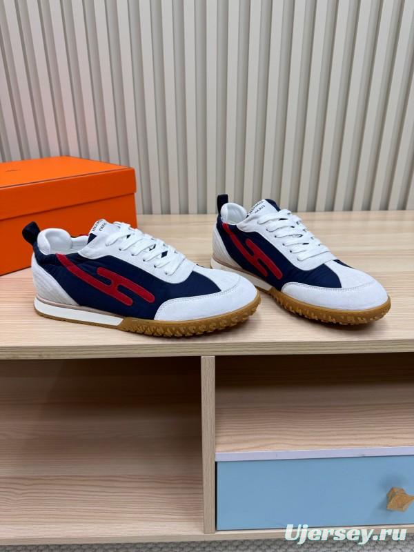 2025 Unisex Hermès White Navy Red Suede Down Fabric Sneakers Top Version LY00310