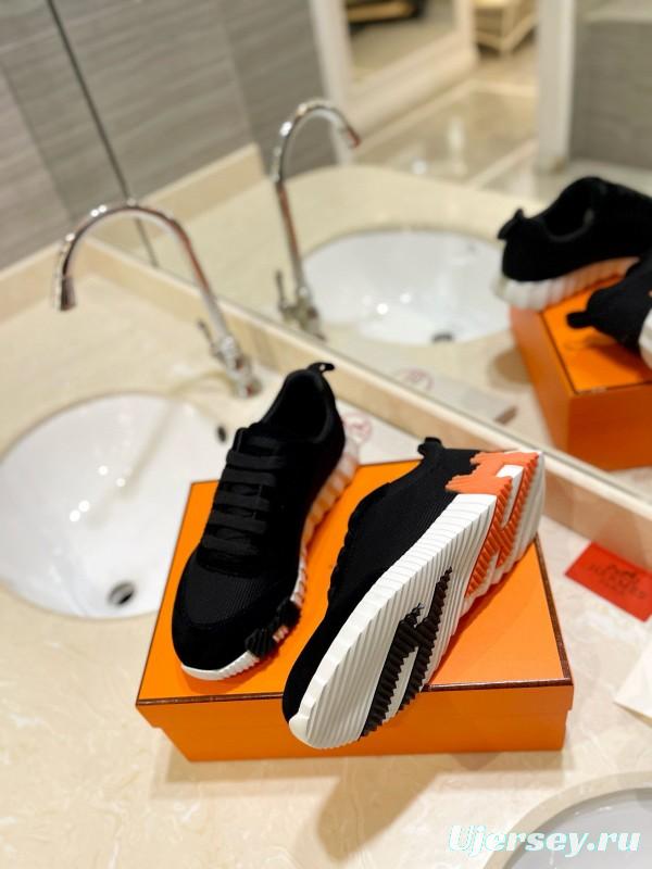 2024 Unisex Hermès Black Imported Silk Glazed Calf Suede Synthetic Fabric Sneakers MJ00320