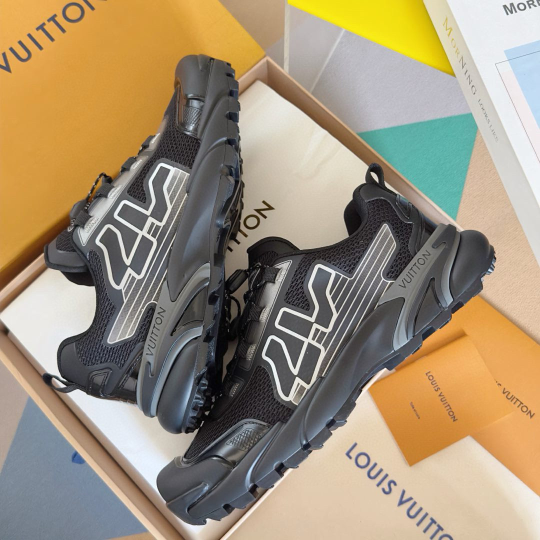 2025 Men Louis Vuitton Black Grey Mesh Fabric Sneakers MJ00390