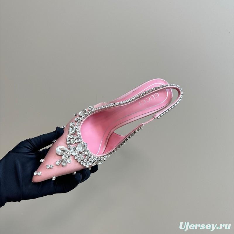 2025 Women Gucci Pink Silk High Heel Slingback Crystal LY00340