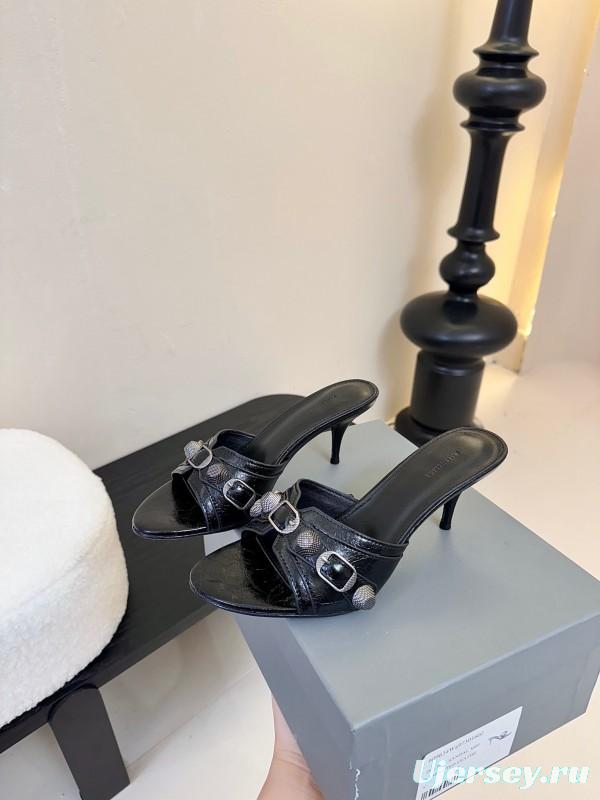 2025 Women Balenciaga Black Leather High Heel Metal Decoration KFY00290