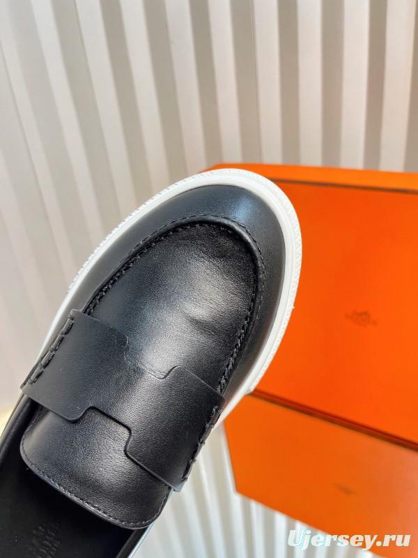 2025 Unisex Hermès Black Leather Fabric Loafers Slip-On LY00310(F)/LY00320(M)