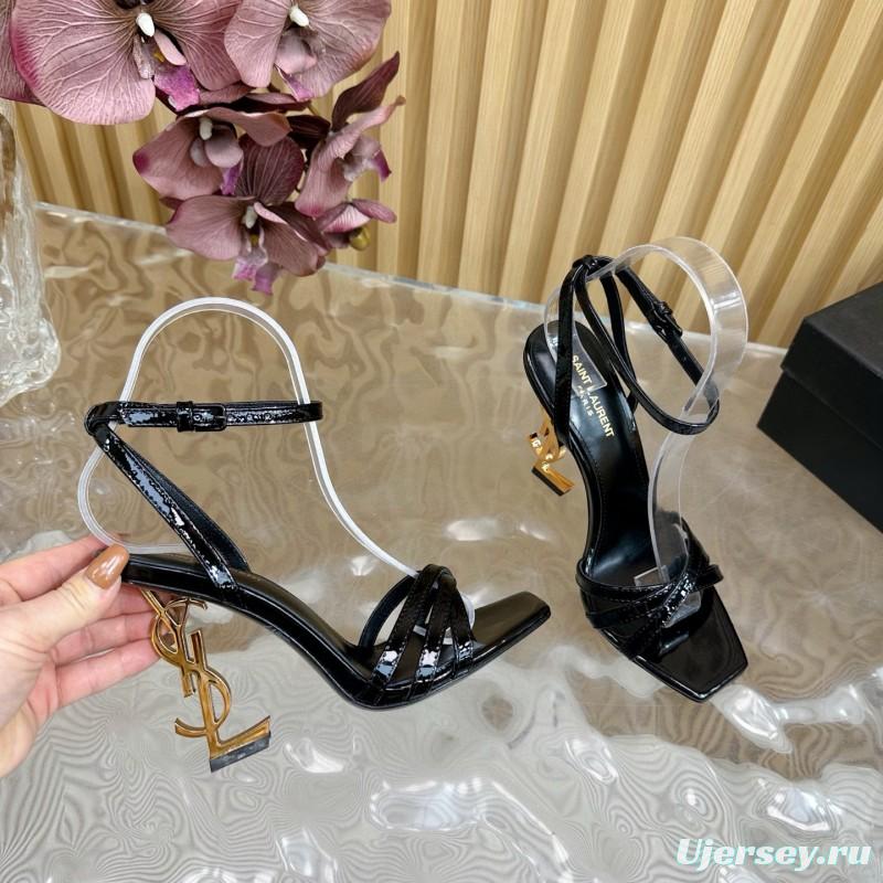 2025 Women Yves Saint Laurent Black Patent Leather High Heel Sandals Metal Logo MJ00310
