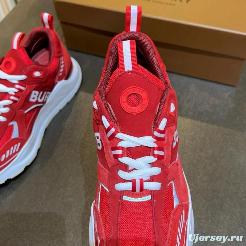 2025 Unisex Burberry Red Suede Leather Mesh Platform Sneakers MJ00380