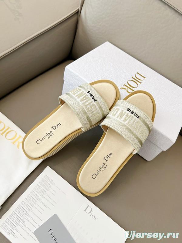 2025 Women Dior White Beige Canvas Platform Slippers