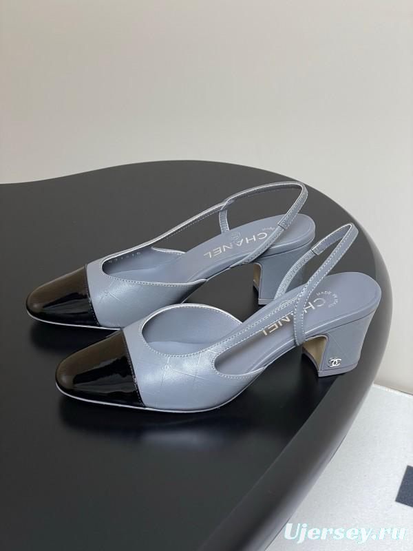 2025 Women Chanel Grey Black Leather Sling-back Heel