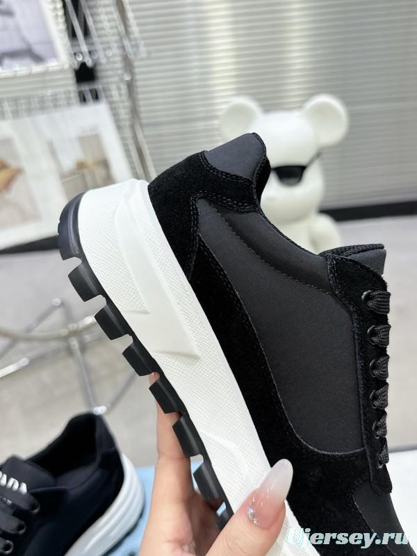 2025 Women Prada Black Leather Mesh Sneakers KFY00310