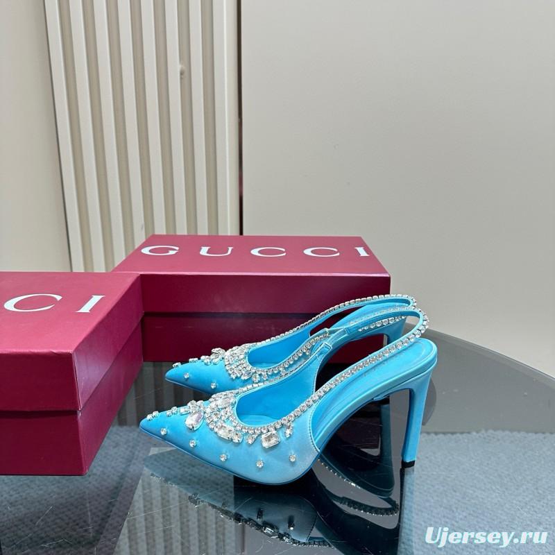 2025 Women Gucci Blue Silk Crystal Embellished Slingback Pumps MJ00340