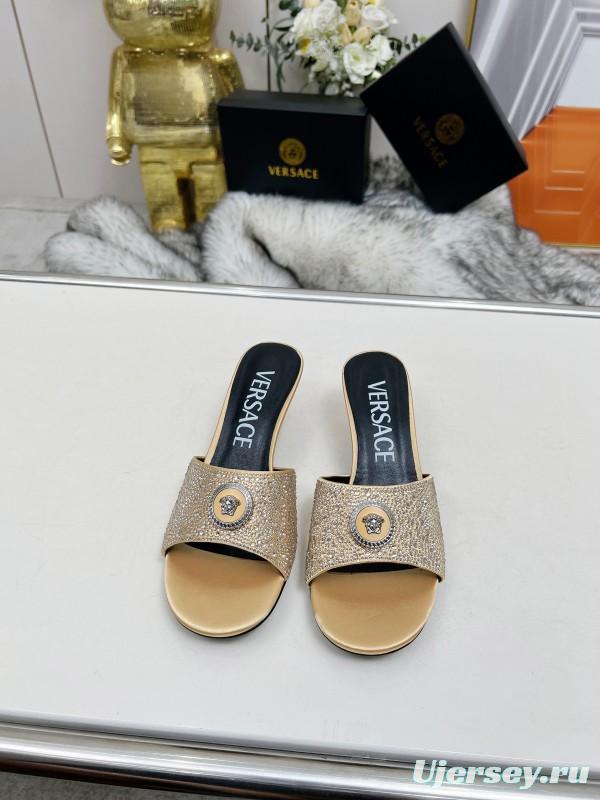 2025 Women VERSACE Gold Silk Rhinestone Heeled Sandals