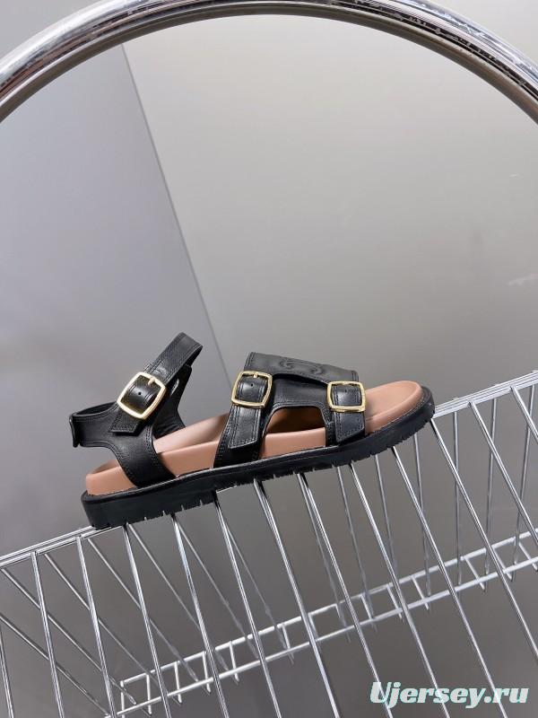 2025 Women Celine Black Leather Sandals Buckle KFY00280