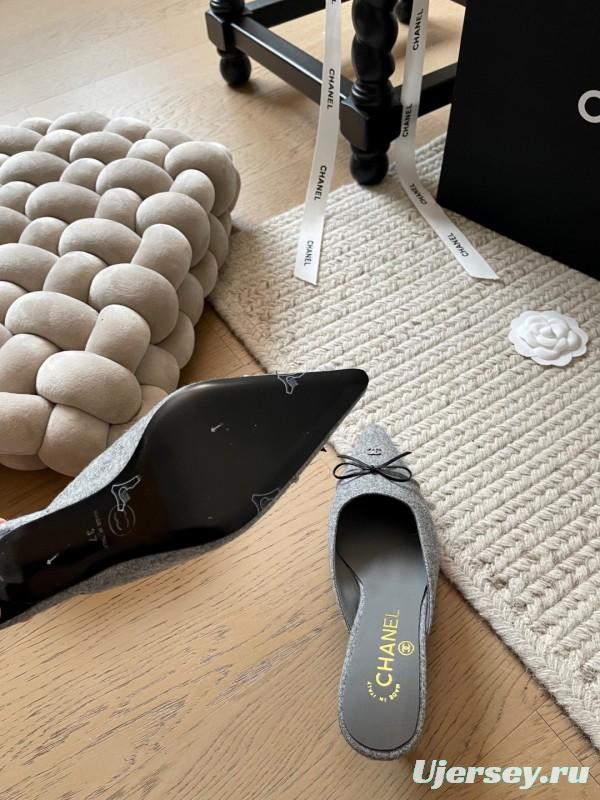 2025 Women Chanel Grey Fabric Pointed Toe Mules KFY00290