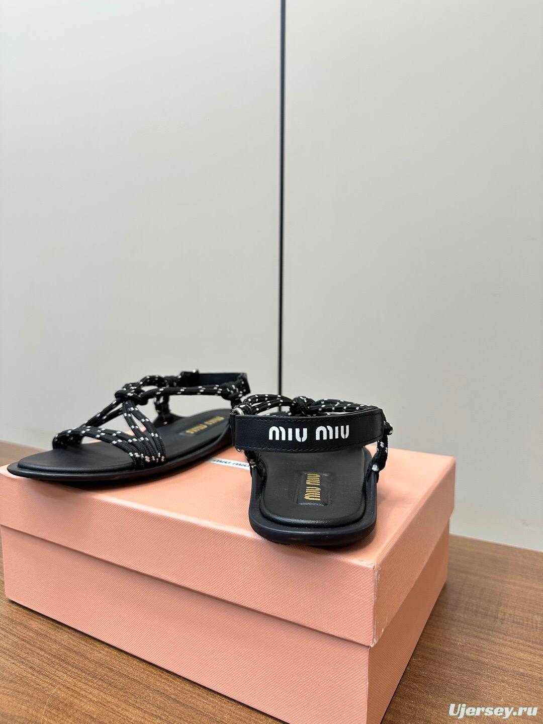 2025 Women Miu Miu Black Leather Rope Sandals