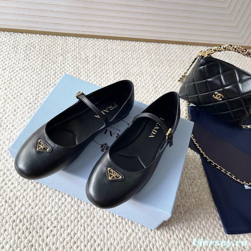 2025 Women Prada Black Leather Mary Jane Flat