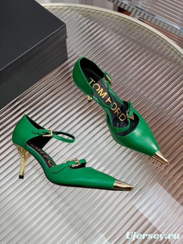 2025 Women TOM FORD Green Gold Leather Pointed Toe Mary Jane KFY00320