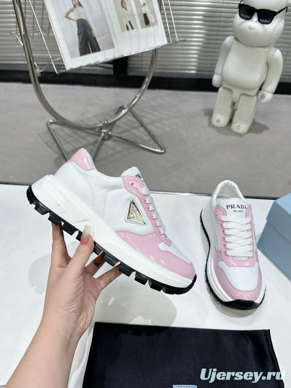 2025 Women Prada White Pink Leather Sneakers