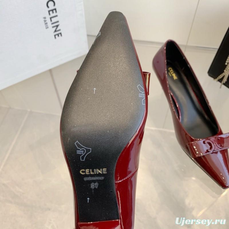 2025 Women Celine Burgundy Patent Leather Pointed Toe Pumps