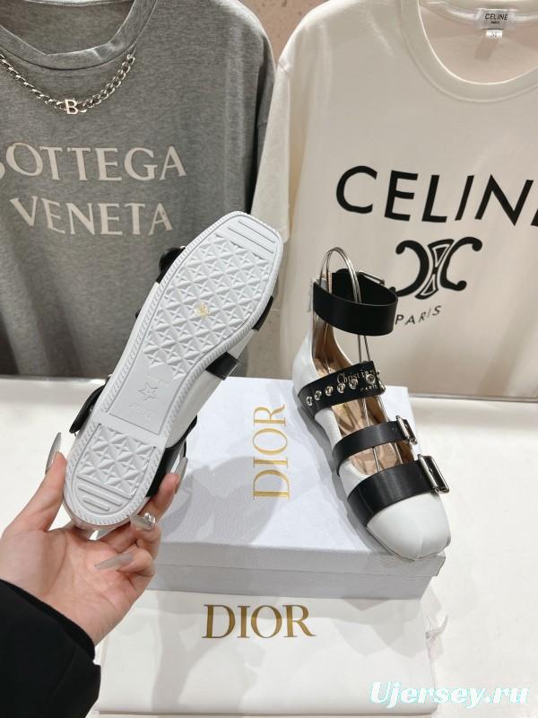 2025 Women Dior White Black Leather Mary Jane Buckle Ballerina KFY00320