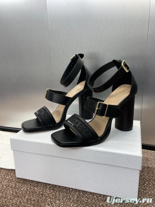 2025 Women Dior Black Leather High Heel Sandals KFY00310