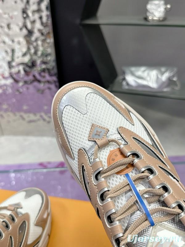2025 Men Louis Vuitton Gradient Color Beige White Mesh Leather Sneakers MJ00420