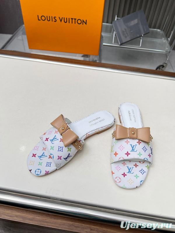 2025 Women Louis Vuitton White Multicolor Leather Slippers Monogram LY00200