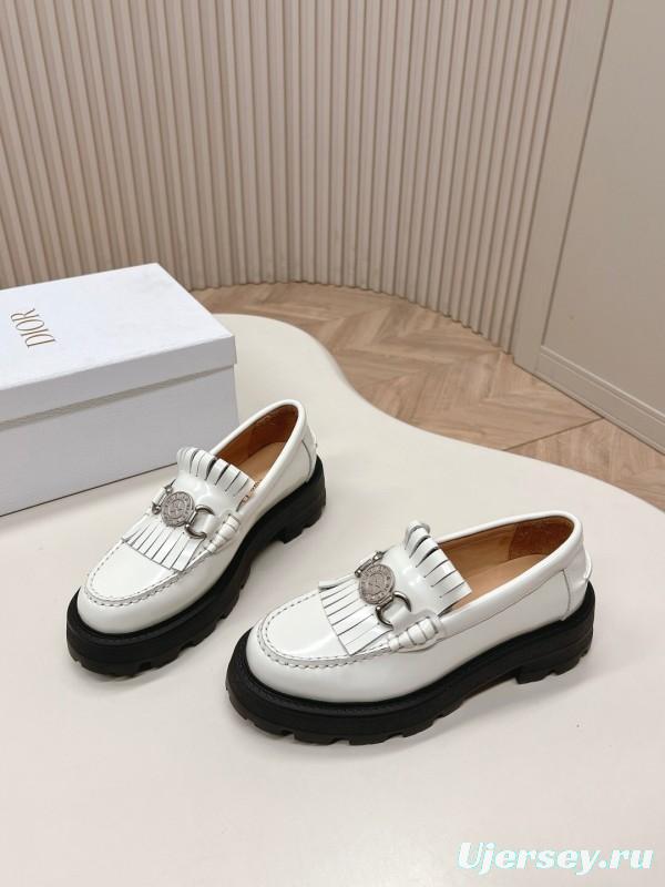 2025 Women Dior White Leather Loafers Metal Buckle KFY00350
