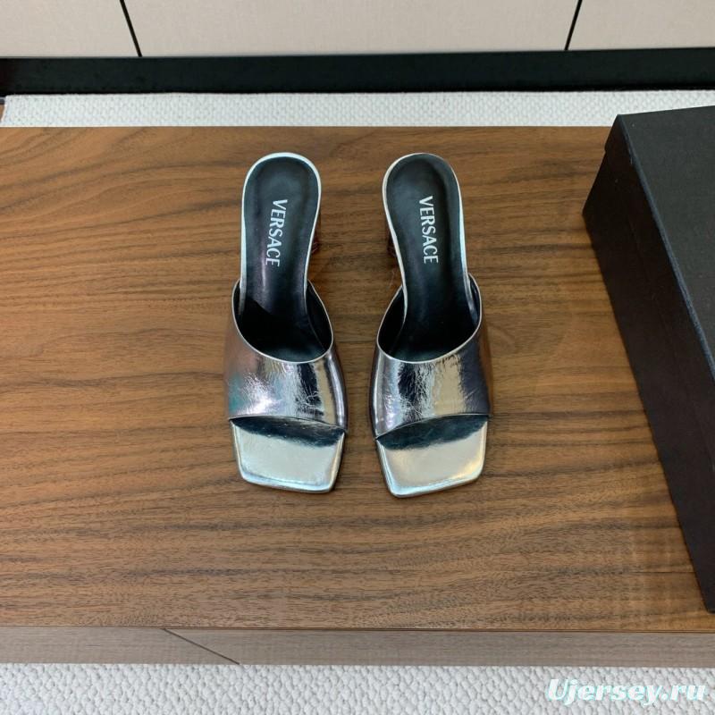 2025 Women VERSACE Silver Leather Slippers