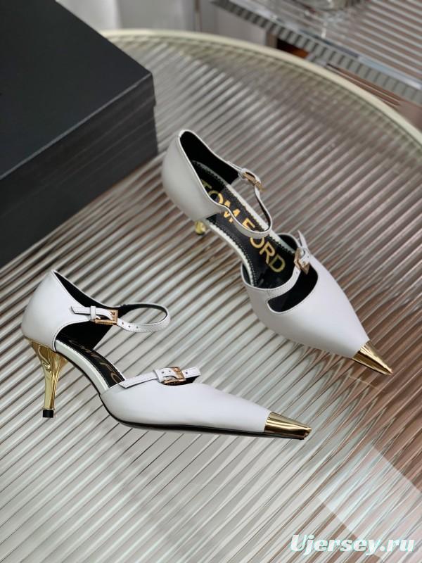 2025 Women TOM FORD White Gold Leather Pointed Toe Pumps KFY00320