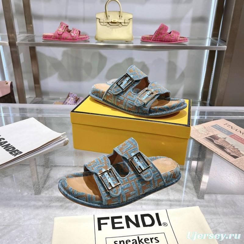 2025 Fendi Blue Beige Fabric Leather Slippers KFY00250