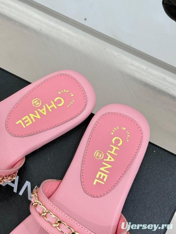 2025 Women Chanel Pink Lambskin Chain Toe Ring Sandals