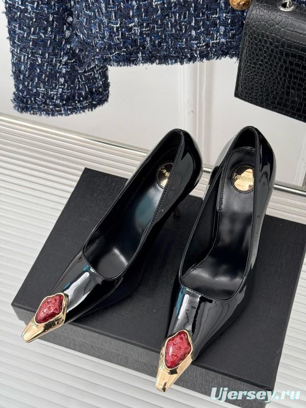 2024 Women Yves Saint Laurent Black Patent Leather High Heel Gemstone MJ00330