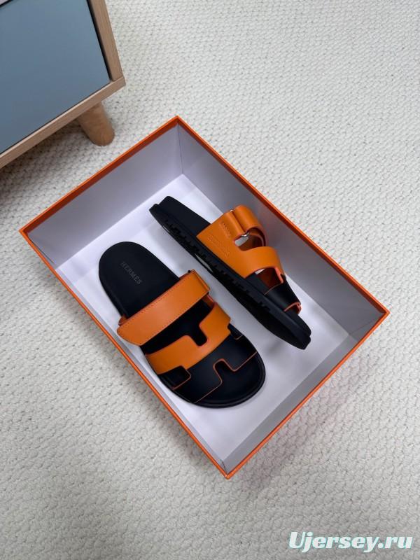 2025 Women Hermès Orange Black Leather Slippers